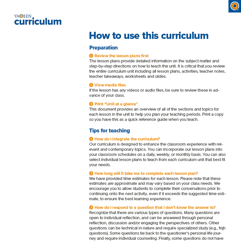 How to use Yaqeen Curriculum