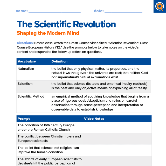 1.1 Worksheet: The scientific revolution