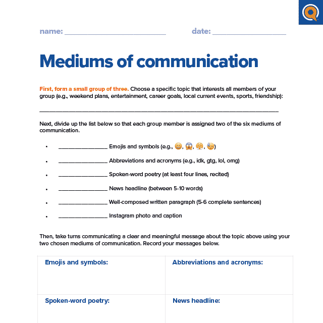 1.2 Worksheet: Mediums of communication