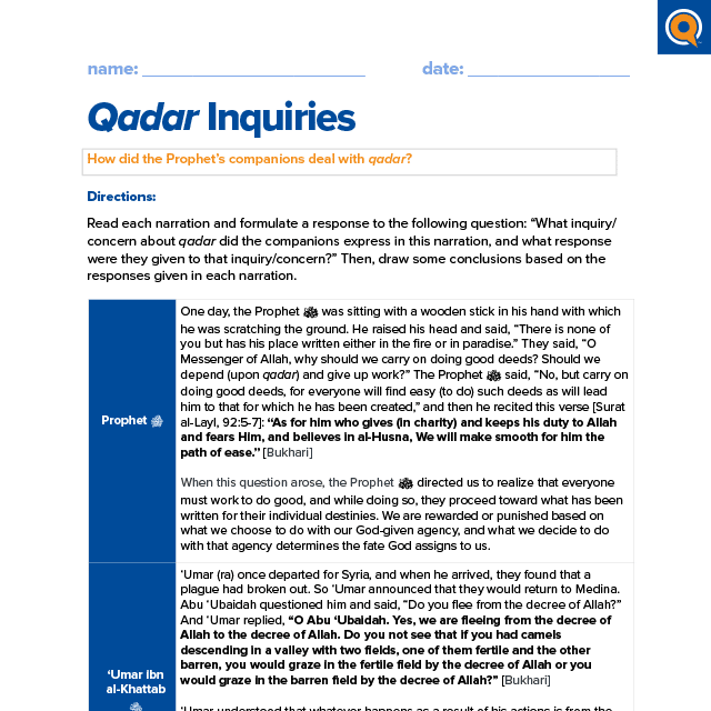 2.1 Worksheet: Qadar inquiries