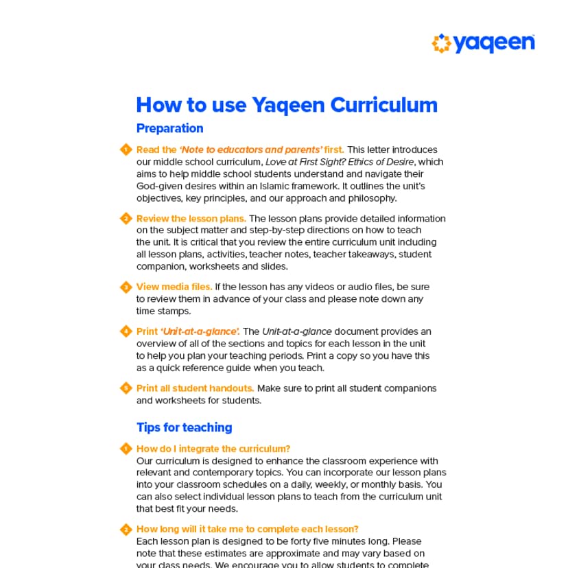 How to use Yaqeen Curriculum