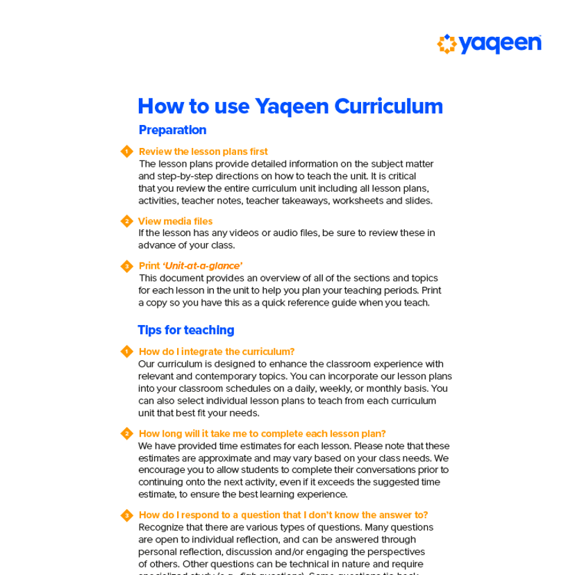 How to use Yaqeen Curriculum